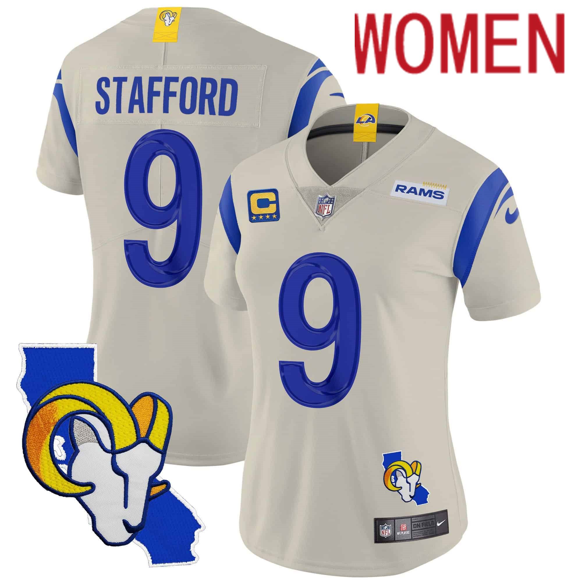 Women Los Angeles Rams #9 Stafford Cream 2024 Nike California Patch Vapor Limited NFL Jersey
